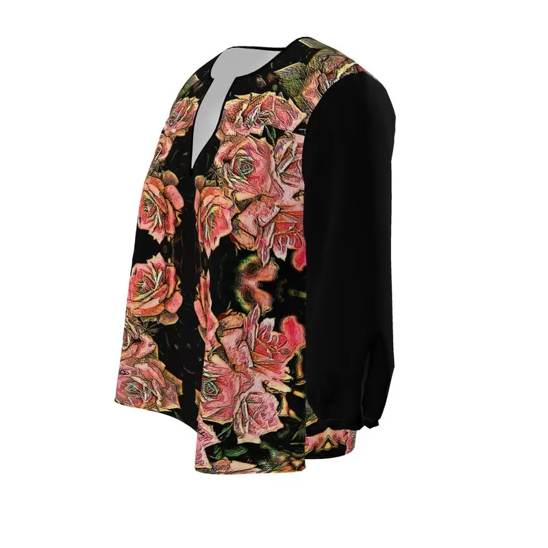 Floral Embosses: Roses 06-01 Designer 3/4 Sleeve Notch Neck Tunic Blouse