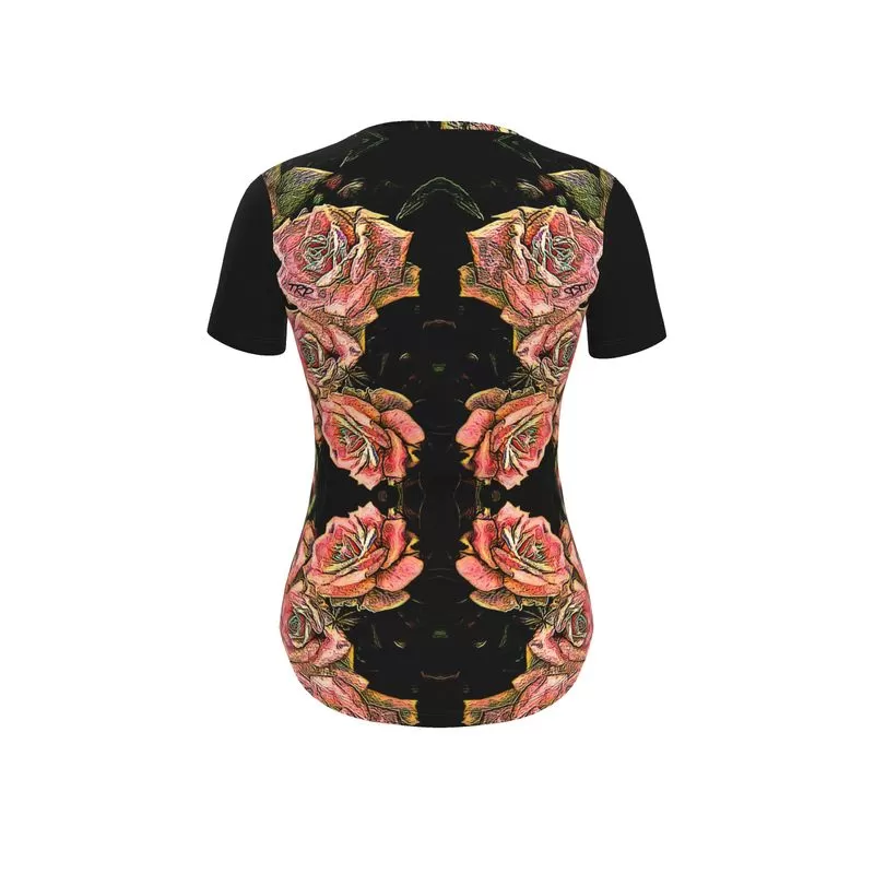 Floral Embosses: Roses 06-01Ladies Designer V-neck Slim Fit Jersey T-shirt