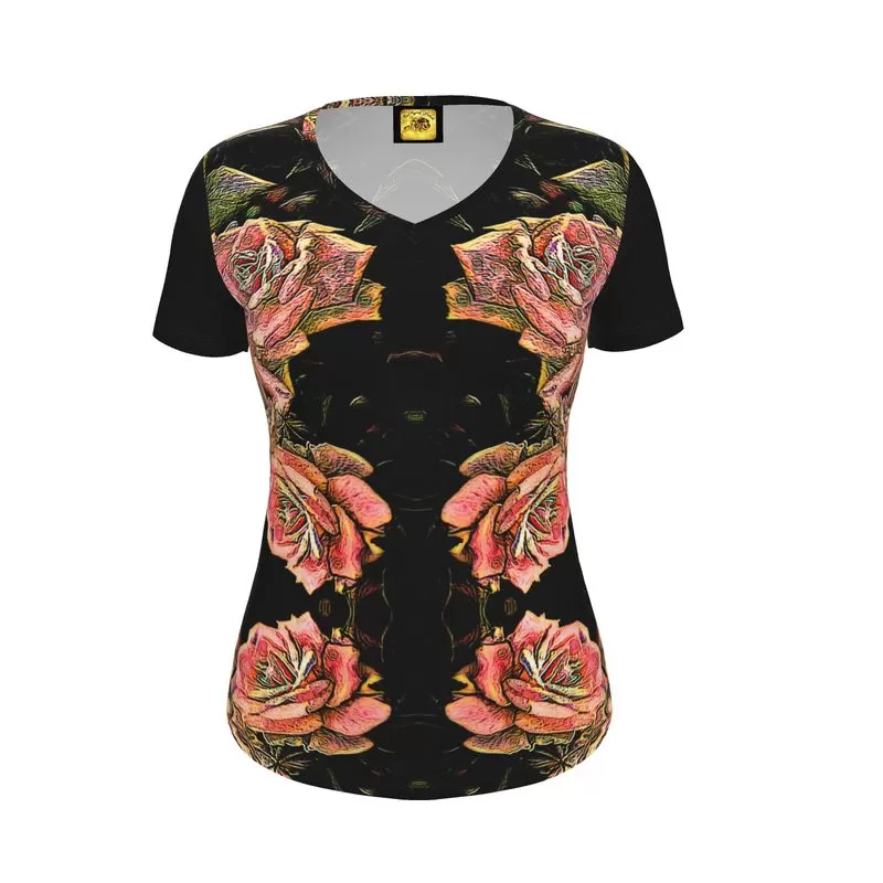 Floral Embosses: Roses 06-01Ladies Designer V-neck Slim Fit Jersey T-shirt