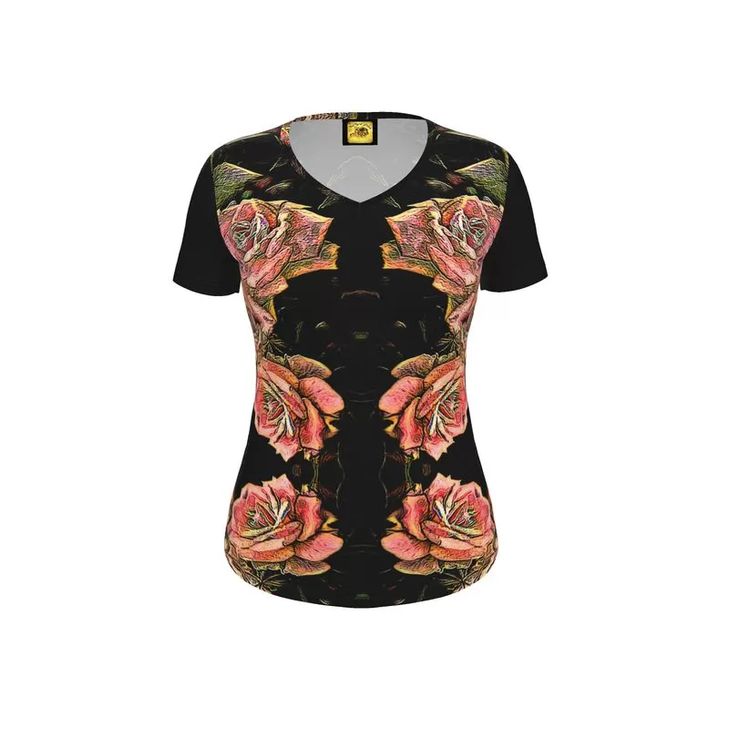 Floral Embosses: Roses 06-01Ladies Designer V-neck Slim Fit Jersey T-shirt