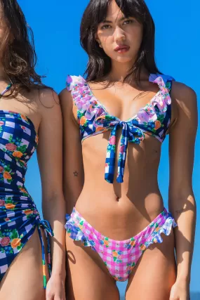 Folk Gingham Ruffle Tie Front Bikini Bottoms