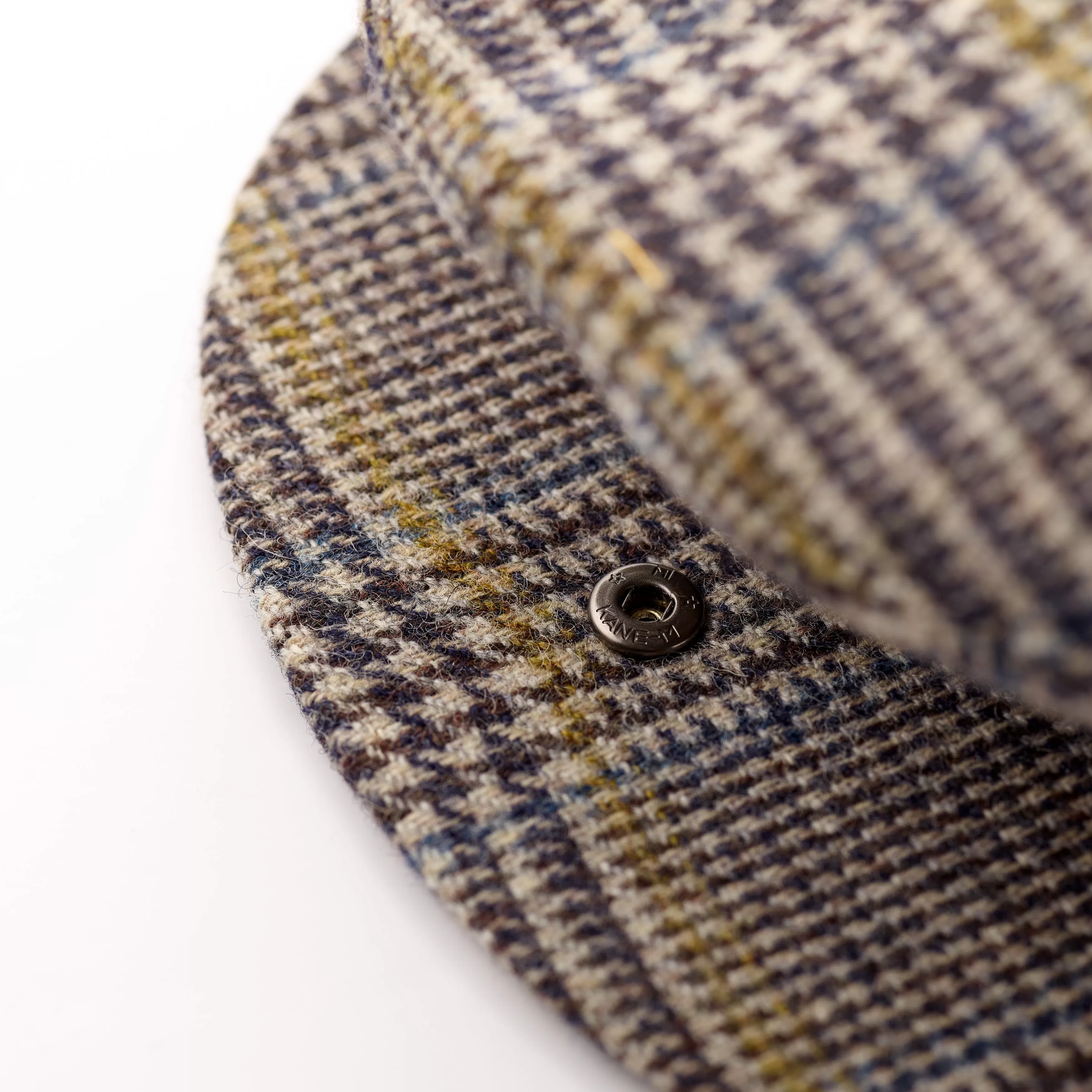 Fox Tweed Cap With Snap Brim In Glen check with Blue and Gold Deco