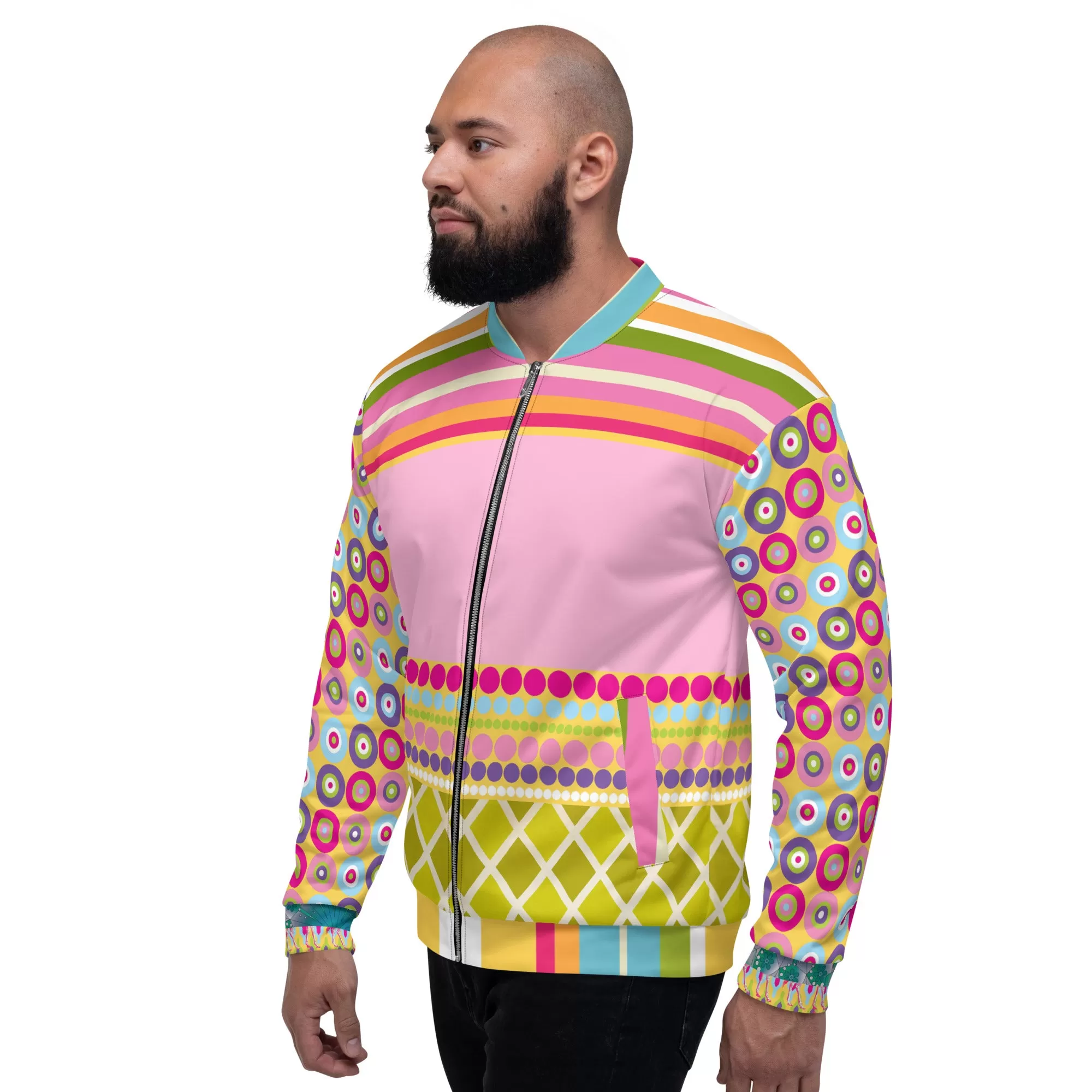 Hello Janis! Pink Patchwork Unisex Bomber Jacket