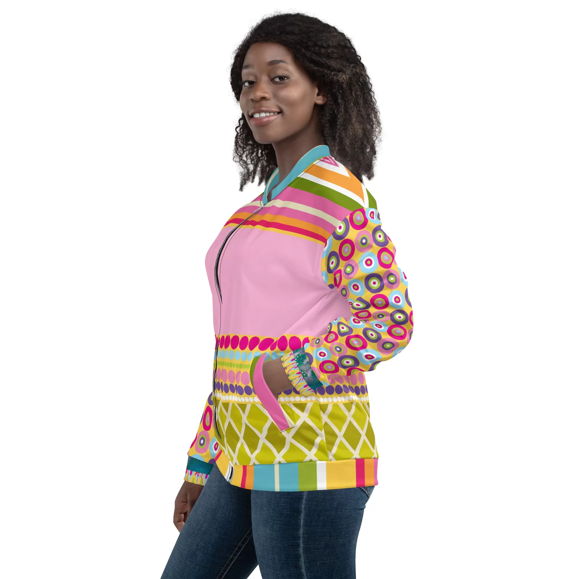 Hello Janis! Pink Patchwork Unisex Bomber Jacket