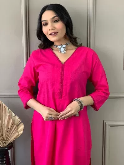 Hot Pink Monochrome Slub Cotton Afghani  Kurti Set Of 2