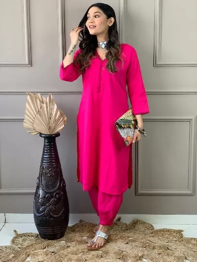 Hot Pink Monochrome Slub Cotton Afghani  Kurti Set Of 2