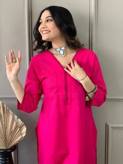 Hot Pink Monochrome Slub Cotton Afghani  Kurti Set Of 2