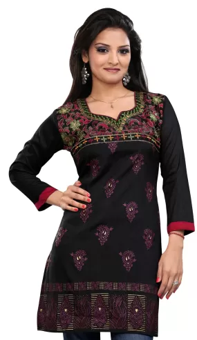 India Long Tunic Top Kurti Womens Printed Indian Apparel (Black)