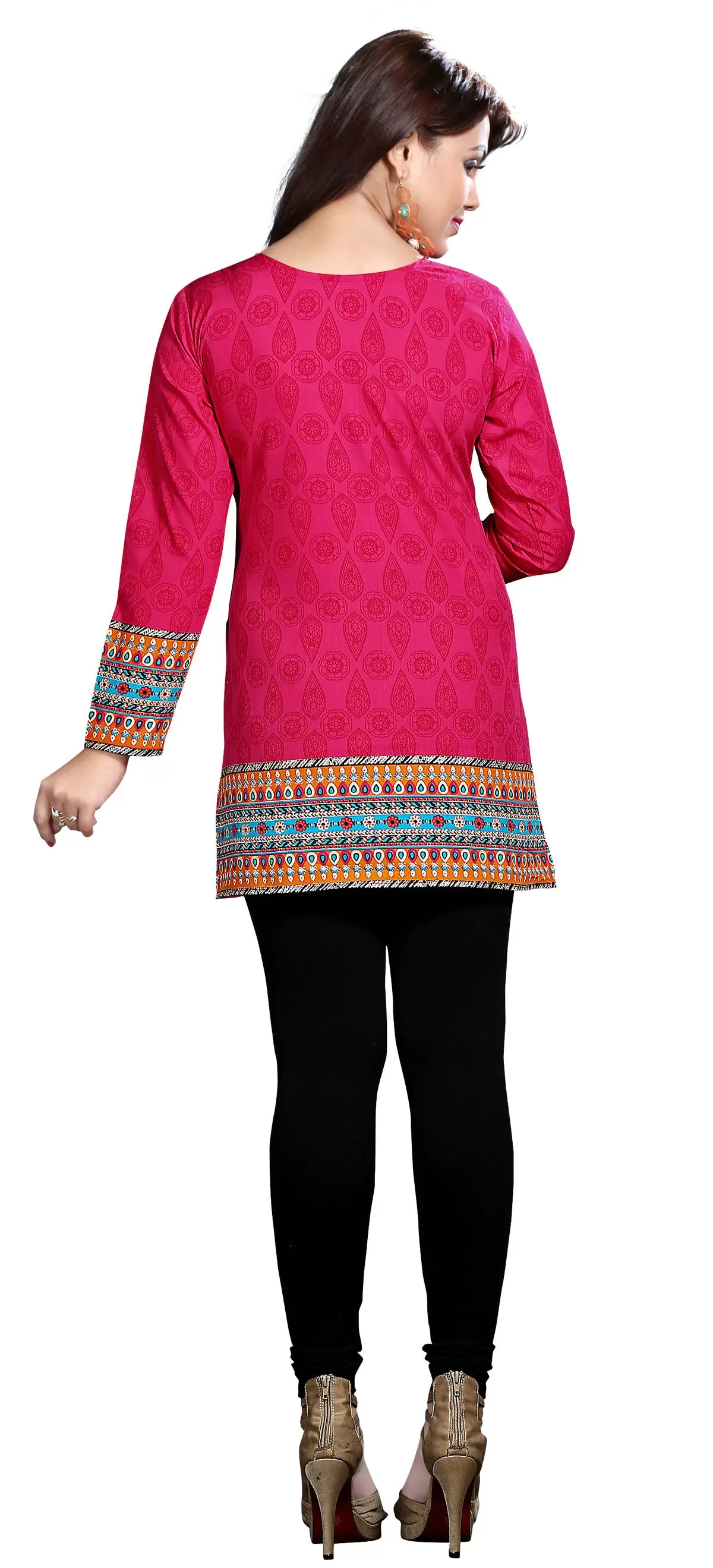 India Long Tunic Top Kurti Womens Printed Indian Apparel (Pink)