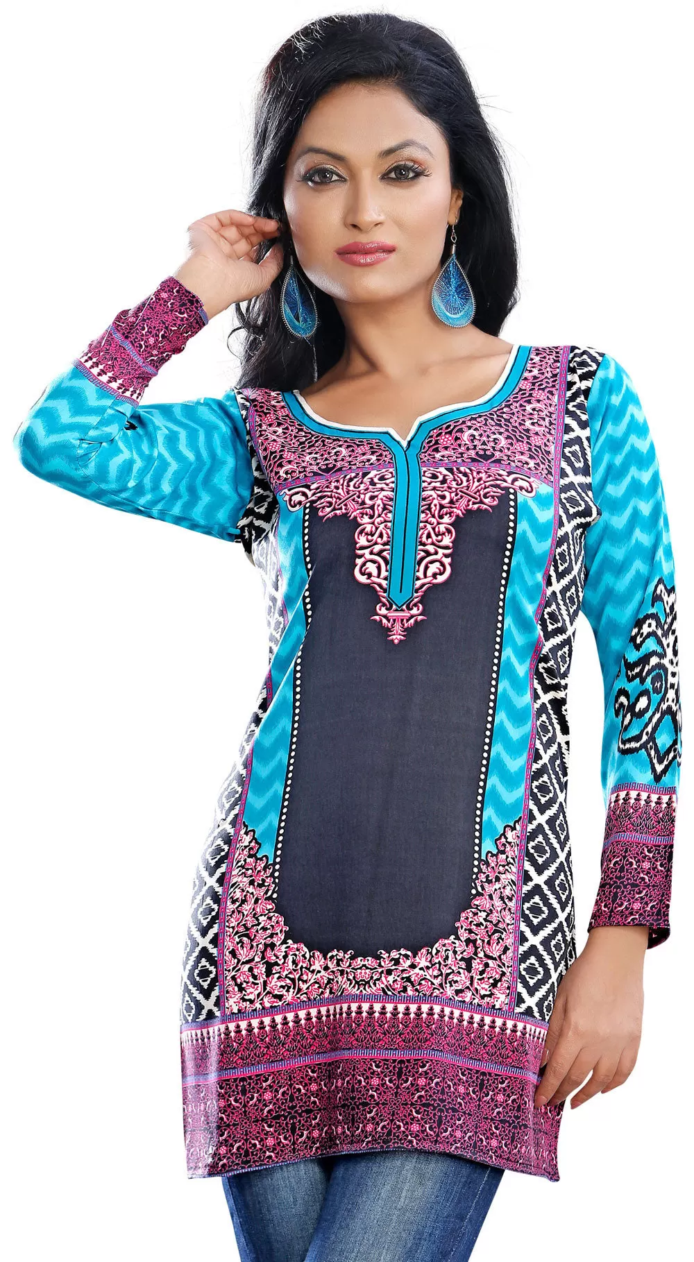 India Long Tunic Top Kurti Womens Printed Indian Apparel (Turquoise)