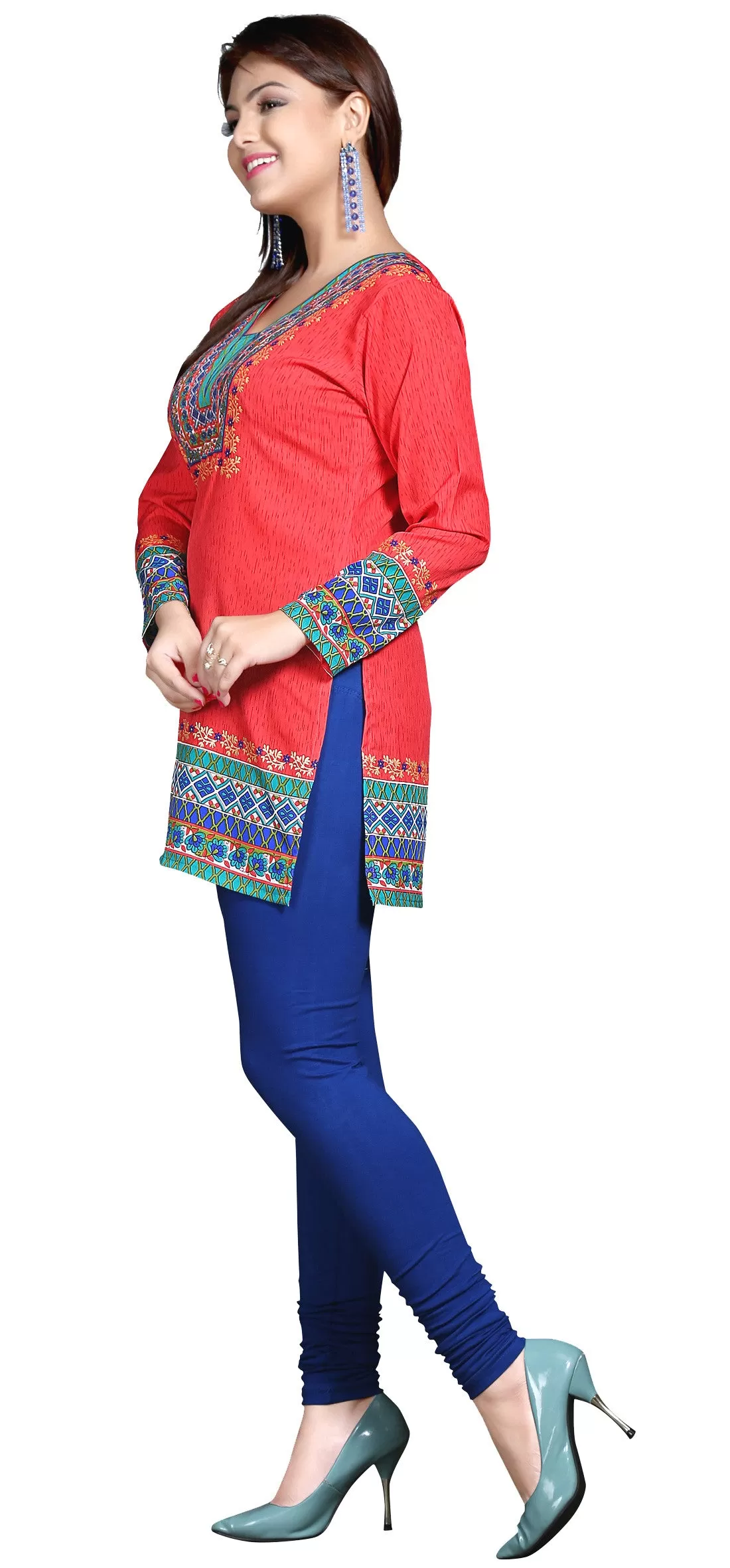 India Short Tunic Top Kurti  Womens Printed Indian Clothing (Red)