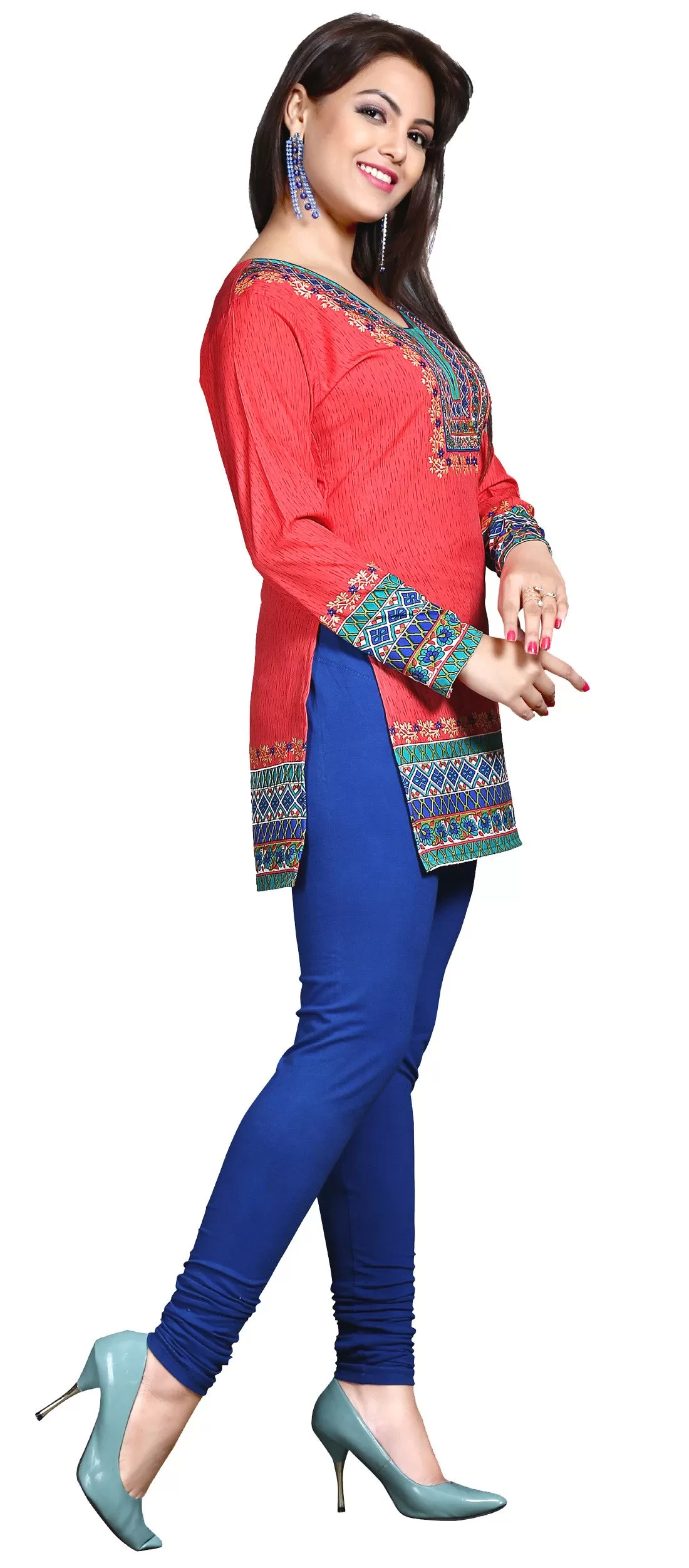 India Short Tunic Top Kurti  Womens Printed Indian Clothing (Red)