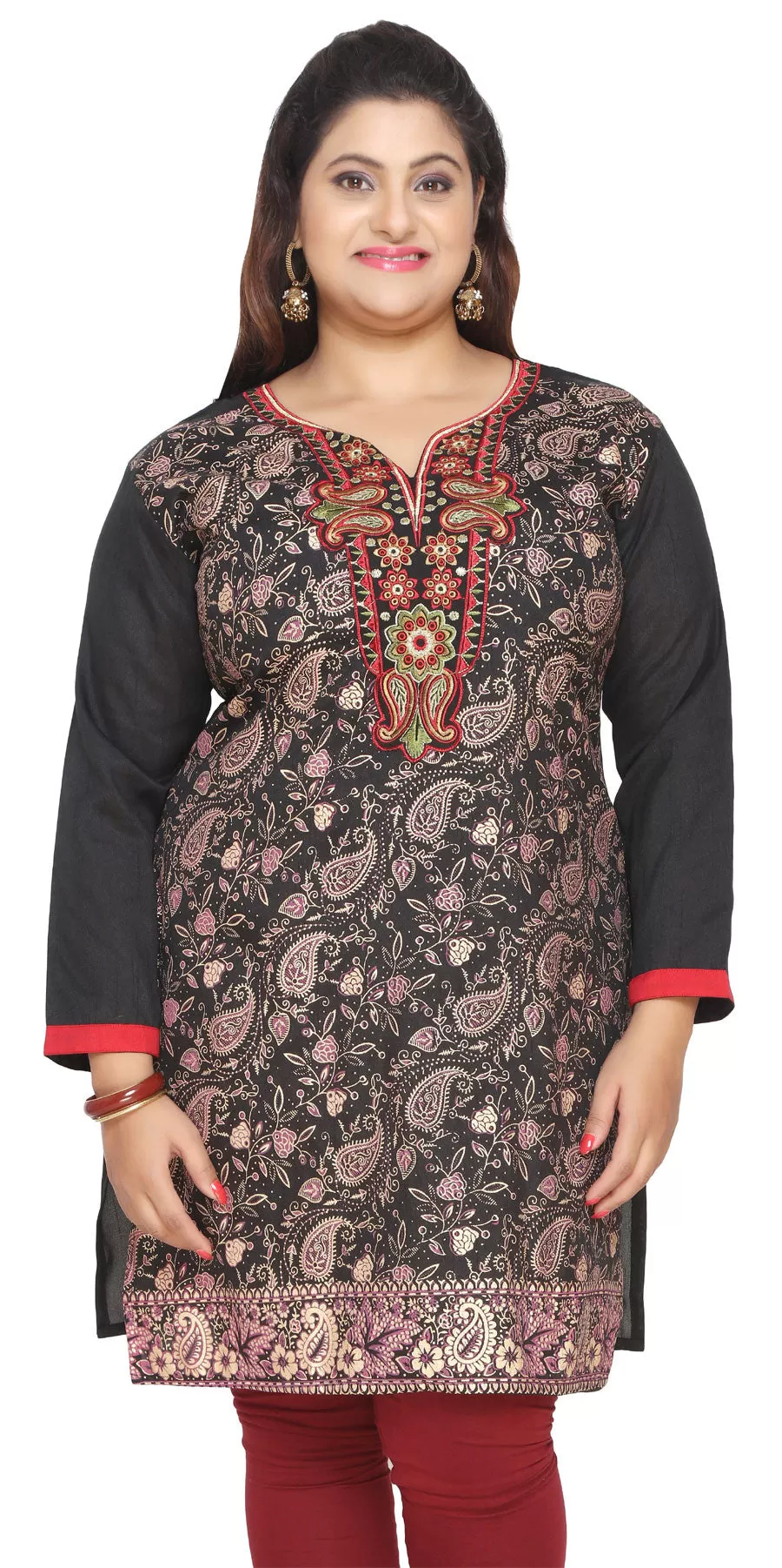 India Tunic Long Top Kurti Embroidered Womens Plus Size Clothes (Black)