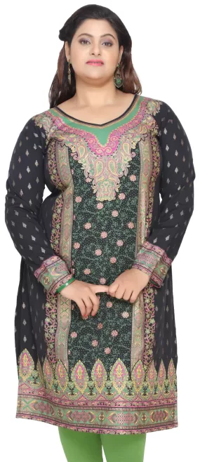 India Tunic Long Top Kurti Womens Plus Size Indian Clothes (Black)