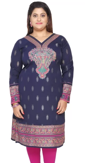 India Tunic Long Top Kurti Womens Plus Size Indian Clothes (Blue)