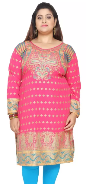 India Tunic Long Top Kurti Womens Plus Size Indian Clothes (Pink)