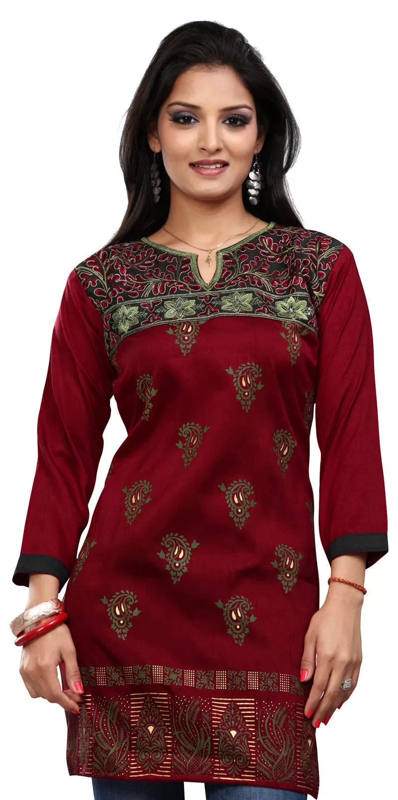 India Tunic Top Kurti Womens Long Blouse Indian Apparel (Maroon)