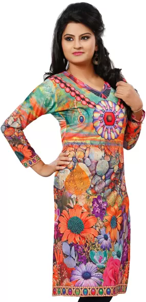 India Tunic Top Kurti Womens Printed Blouse Indian Apparel (Orange)