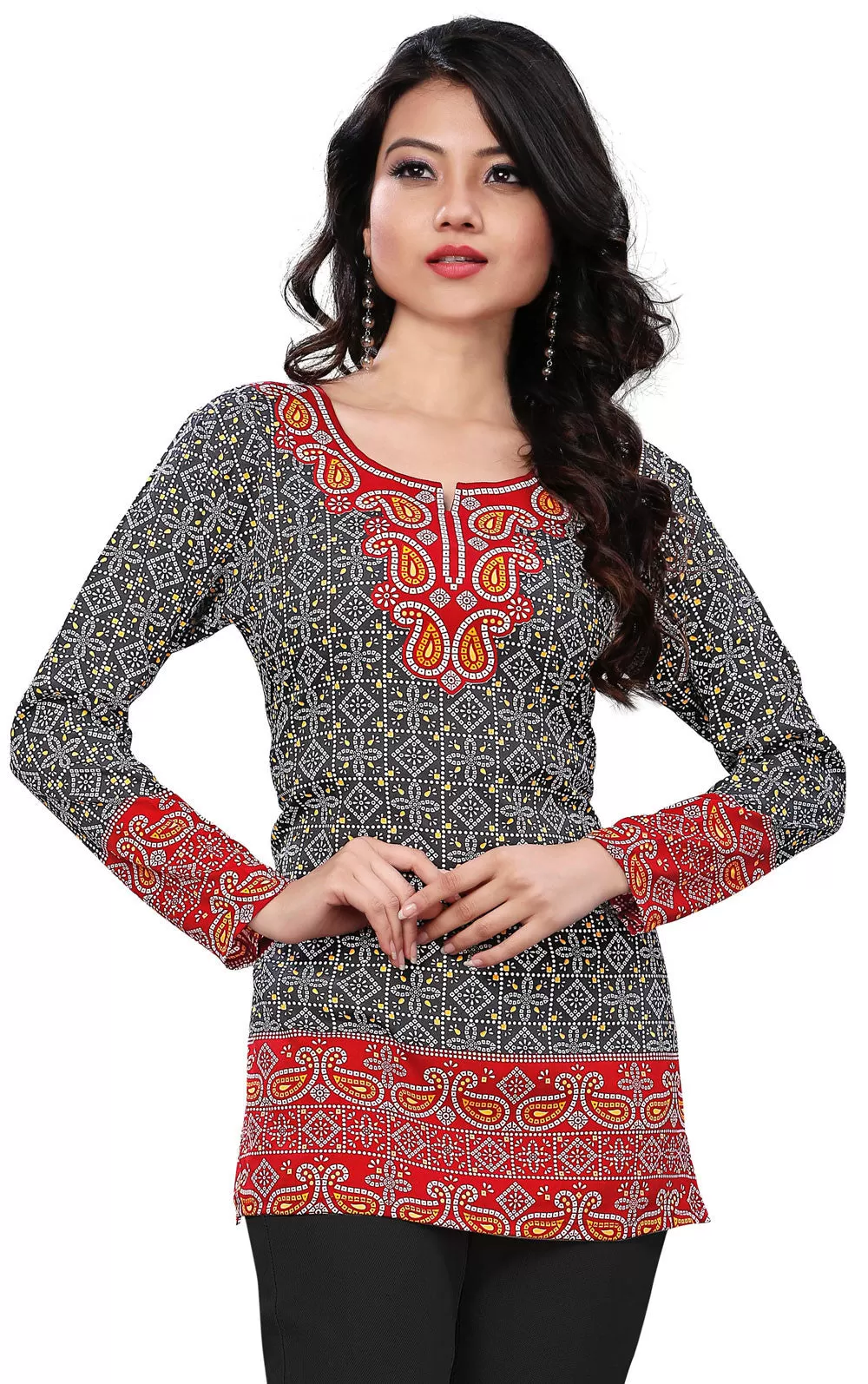 India Tunic Top Long  Kurti Womens Printed Indian Clothing (Black)