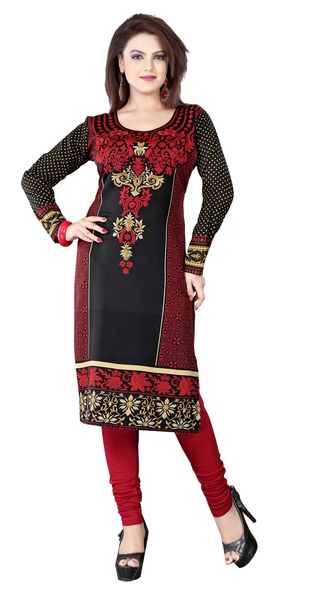 India Tunic Top Long  Kurti Womens Printed Indian Clothing (Maroon)