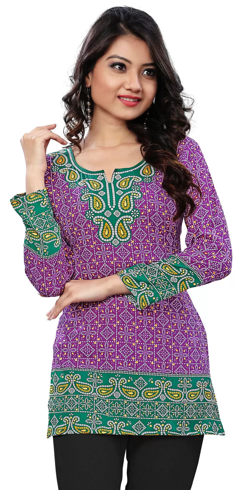 India Tunic Top Long  Kurti Womens Printed Indian Clothing (Purple)