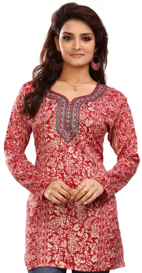 India Tunic Top Short Kurti Women's Printed Indian Clothing (Red)