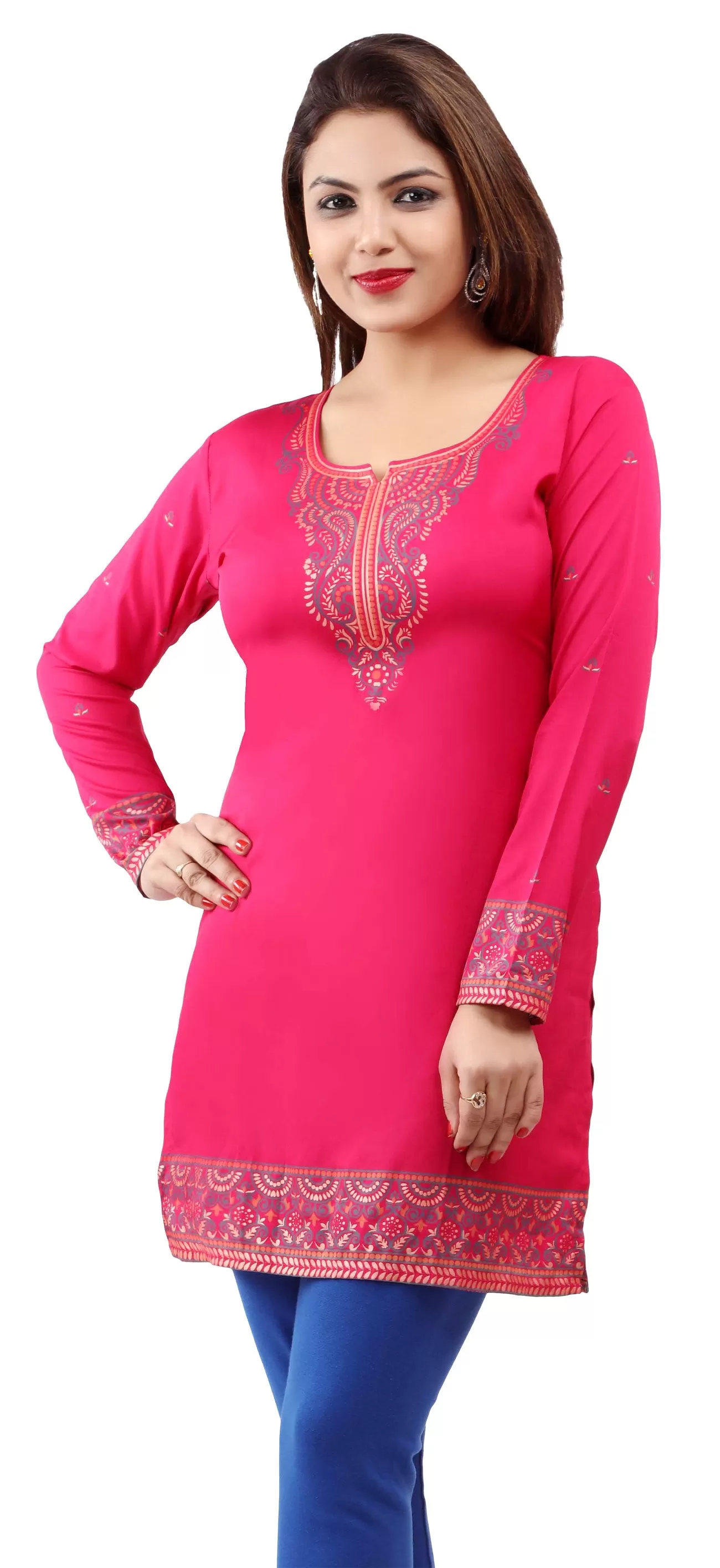 India Women's Tunic Top Kurti Printed Indian Clothes (Pink)