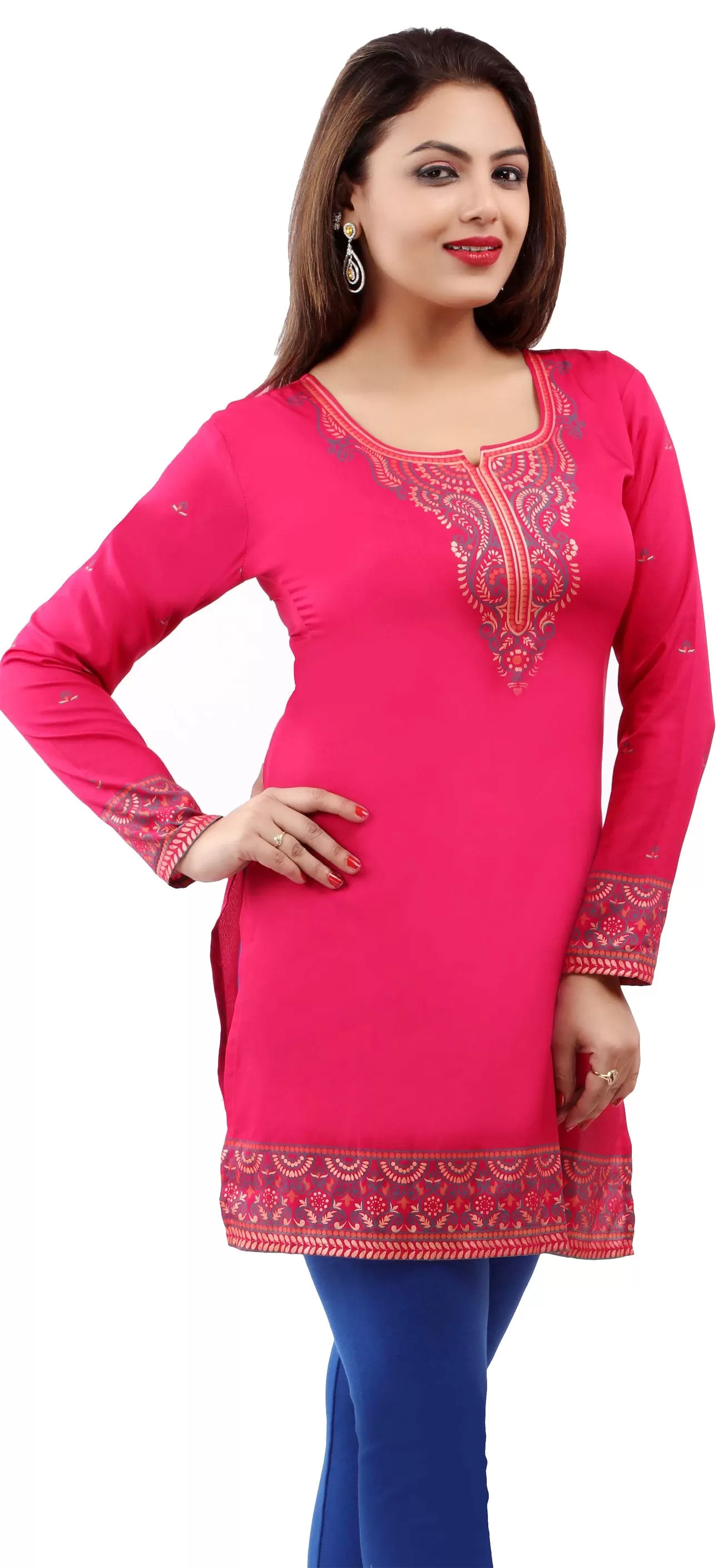 India Women's Tunic Top Kurti Printed Indian Clothes (Pink)