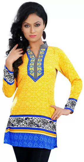 Indian Kurti Top Tunic Printed Womens Blouse India Clothes (Yellow)