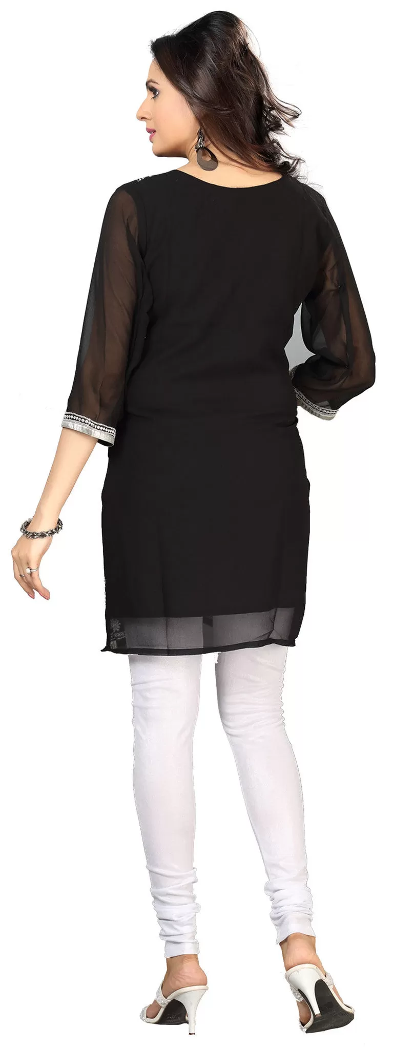 Indian Long Kurti Top Tunic Embroidered Womens India Clothes (Black)