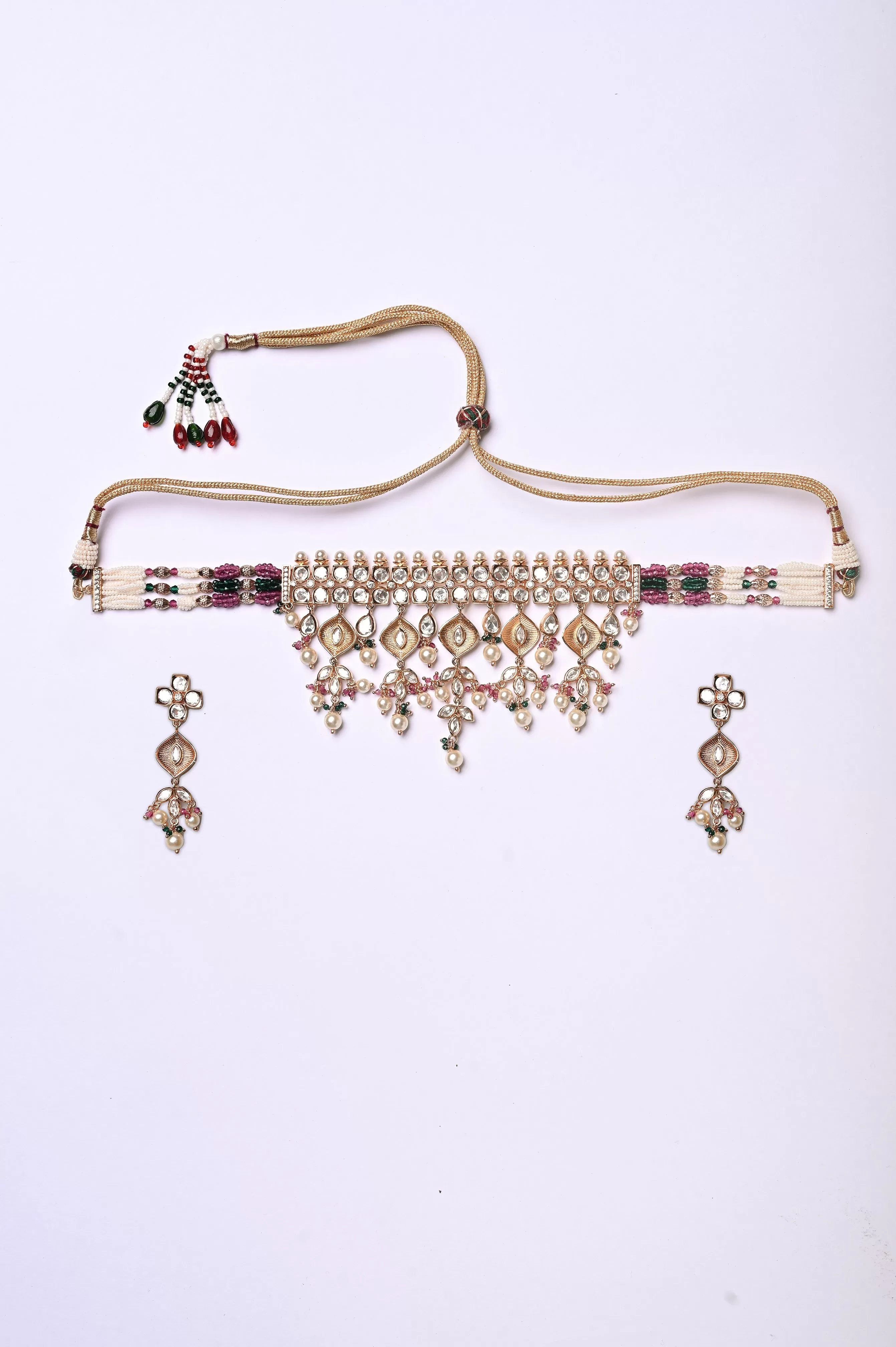 Jharoka Kundan Choker Necklace Set with Pearl Work