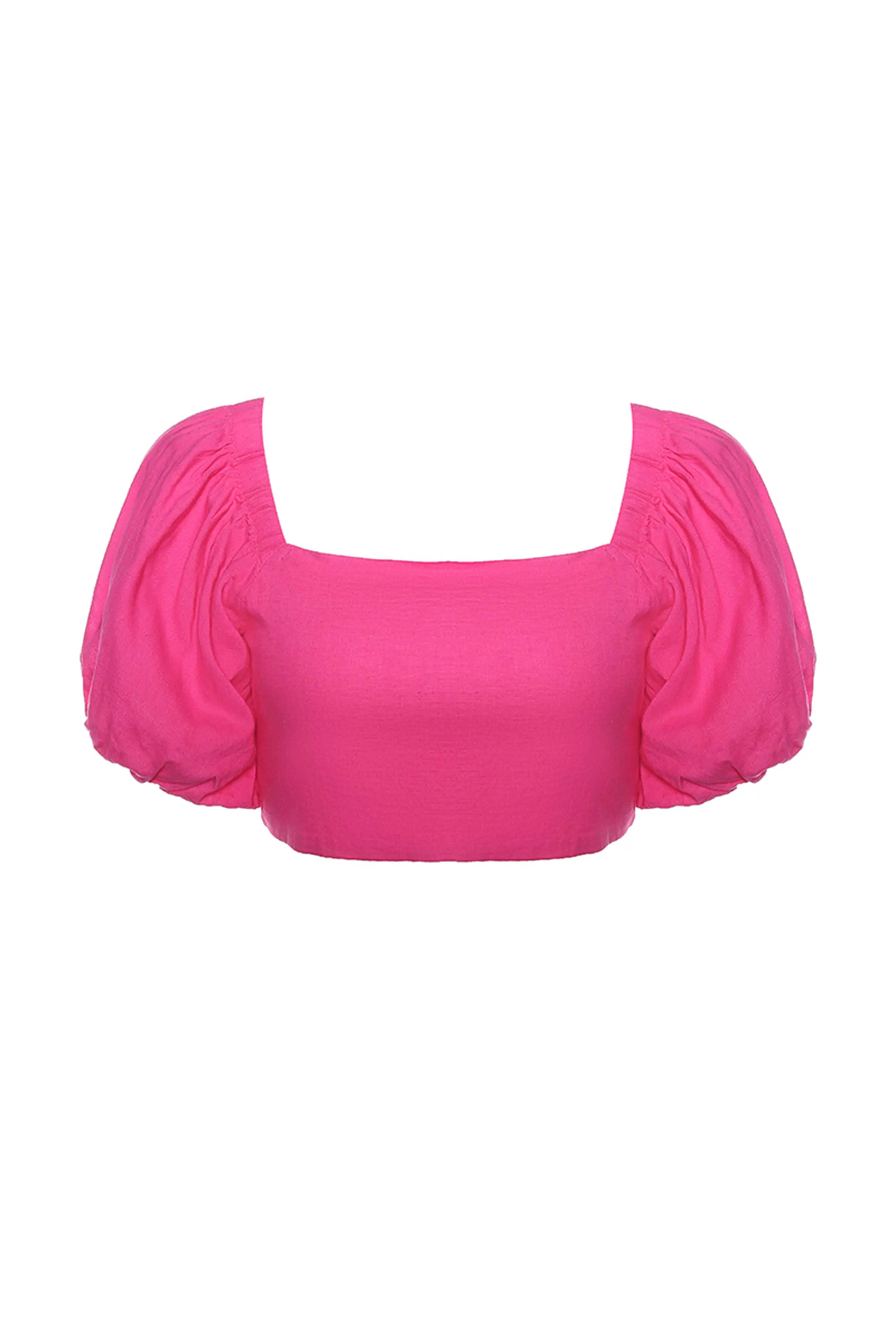 Lily Fuchsia Linen Blend Off Shoulder Shirred Back Crop Top