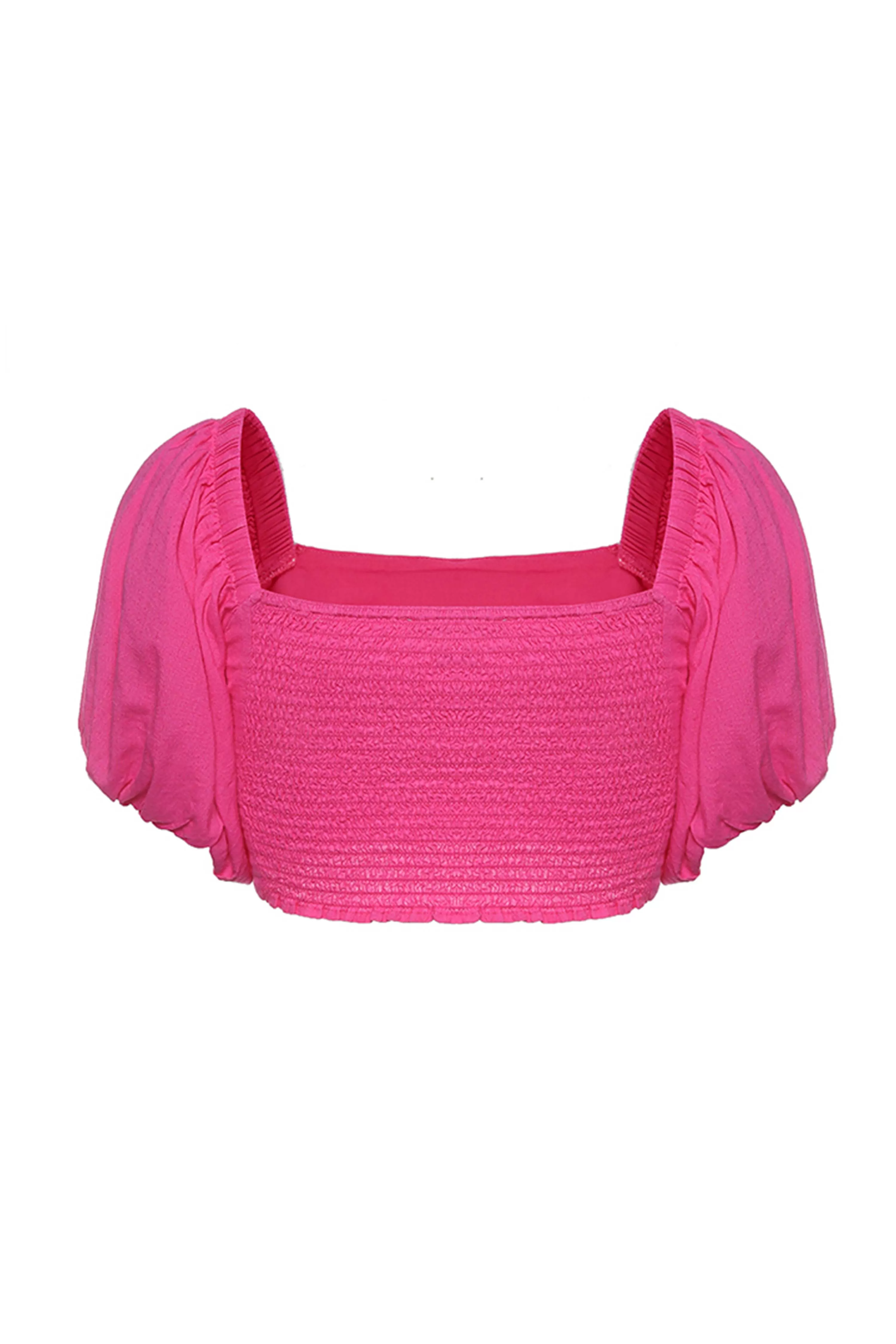 Lily Fuchsia Linen Blend Off Shoulder Shirred Back Crop Top