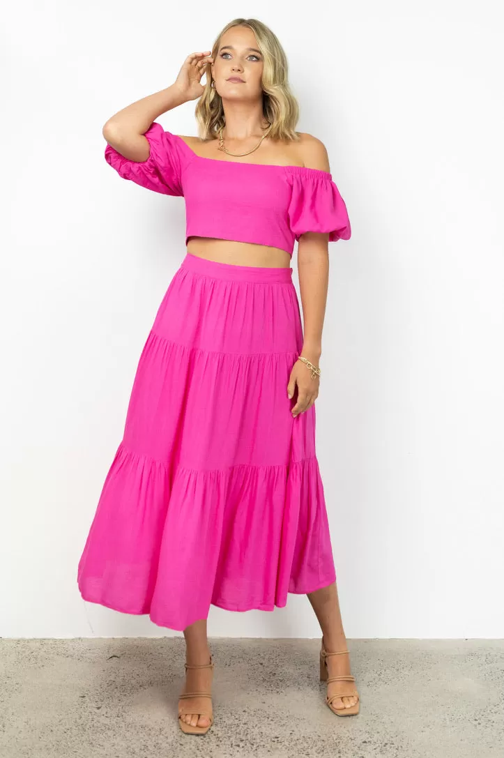 Lily Fuchsia Linen Blend Off Shoulder Shirred Back Crop Top