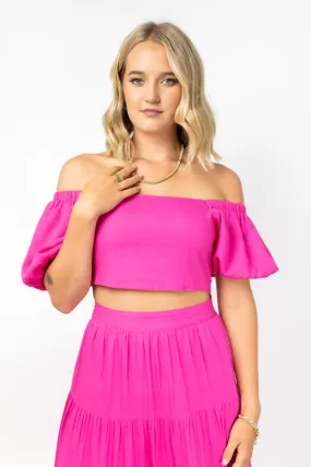 Lily Fuchsia Linen Blend Off Shoulder Shirred Back Crop Top