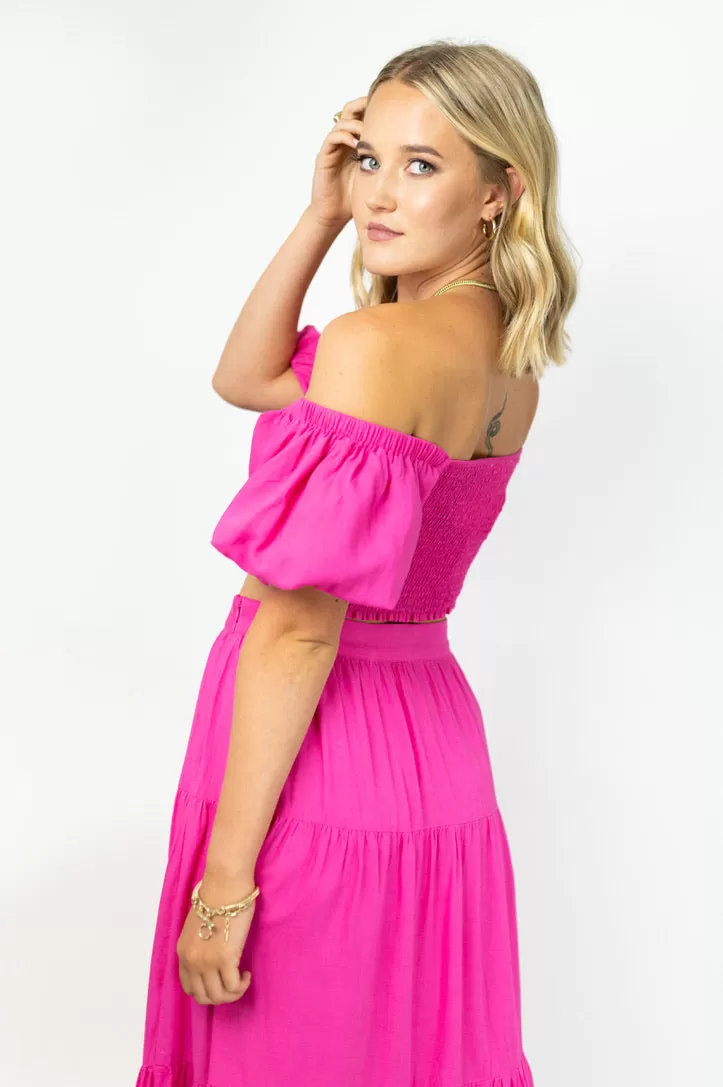 Lily Fuchsia Linen Blend Off Shoulder Shirred Back Crop Top