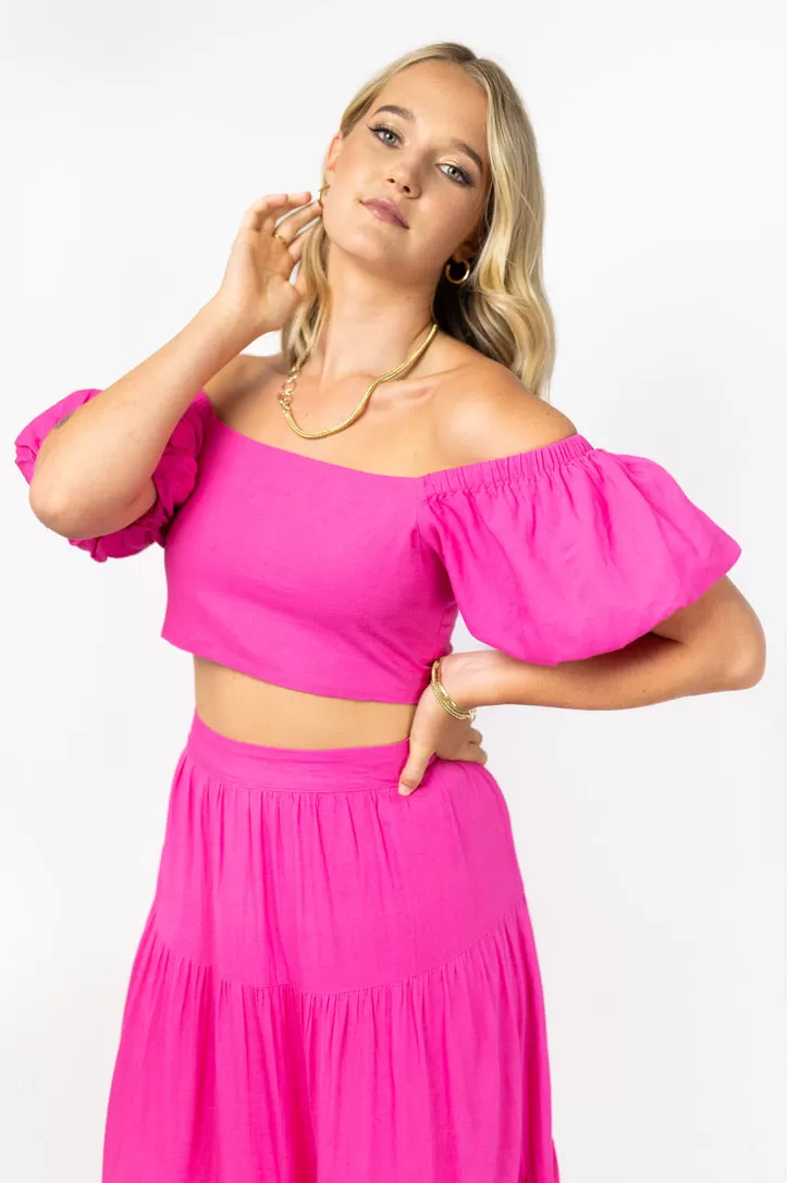 Lily Fuchsia Linen Blend Off Shoulder Shirred Back Crop Top