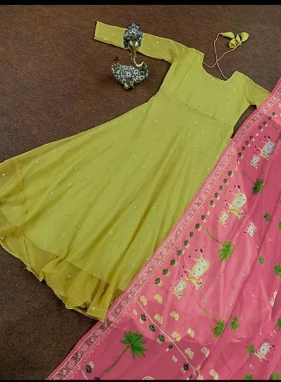 Lime Green Anarkali Flair Gown With Dupatta Set of 2