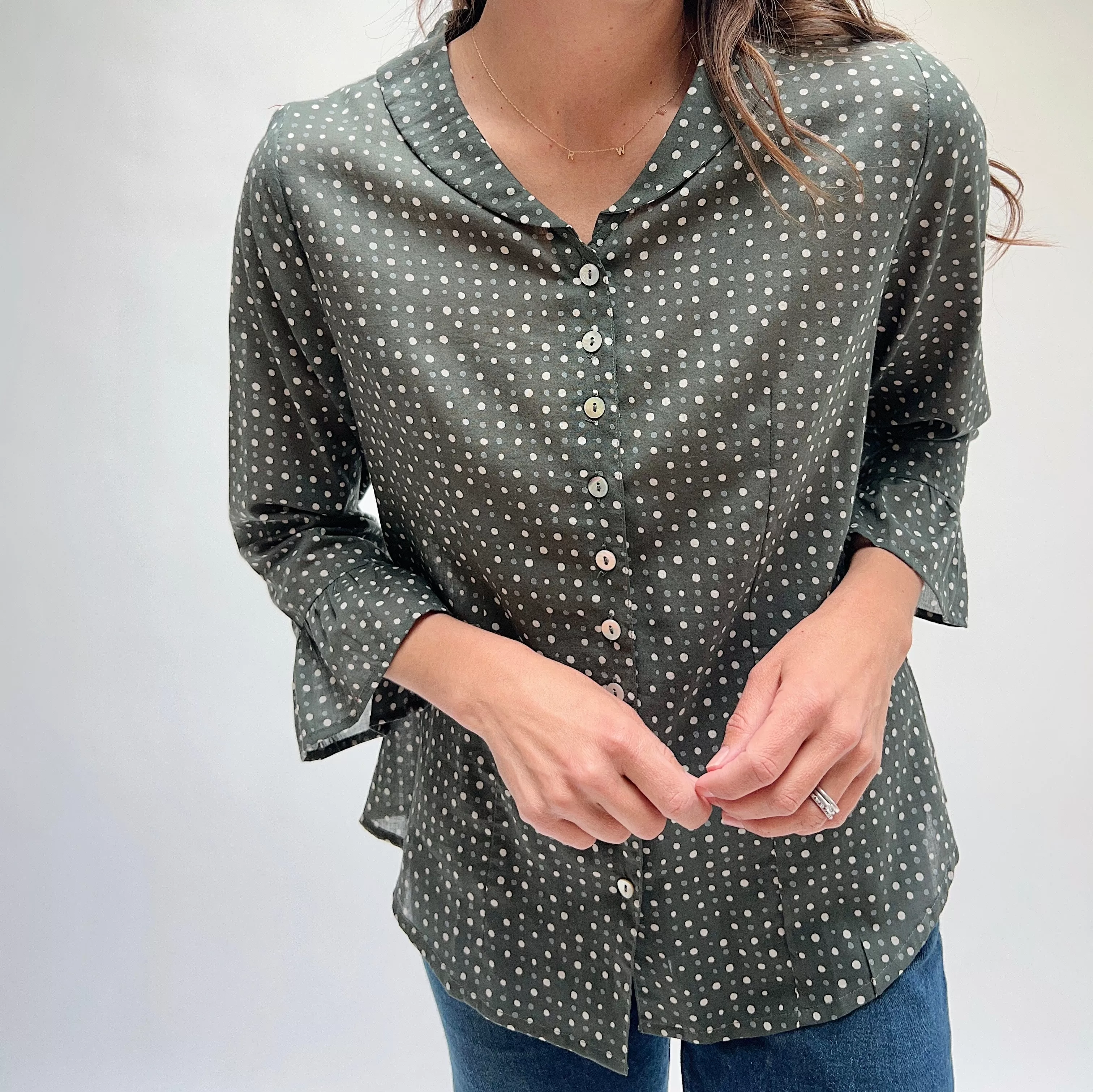 Little Journeys | Paris Blouse in Charcoal Polka Dots