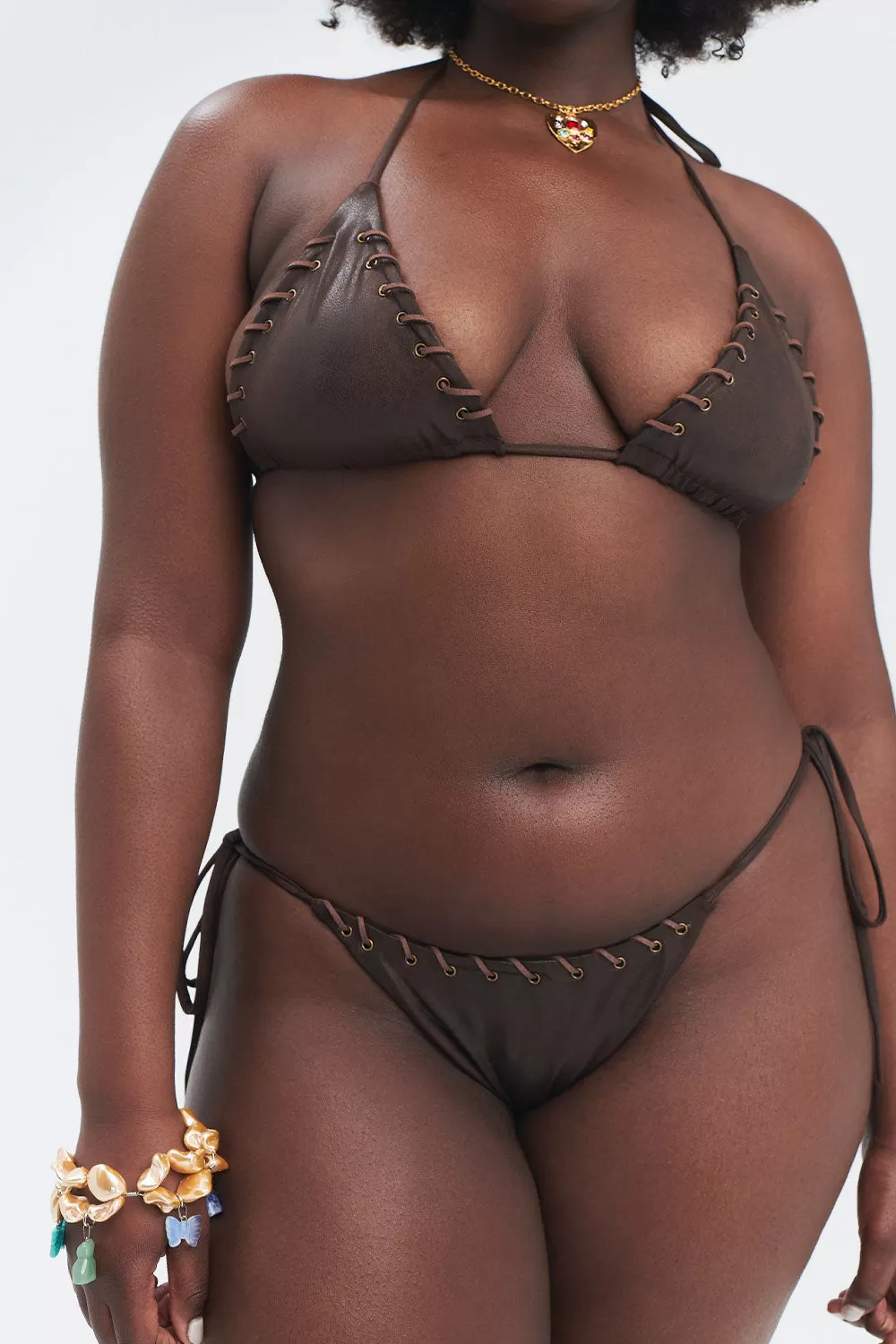 Mackenzie Leather Look String Bikini Bottom - Cocoa