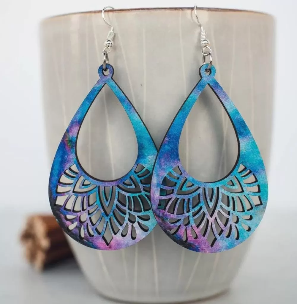 Mandala Tie Dye Wood French Hook Earrings