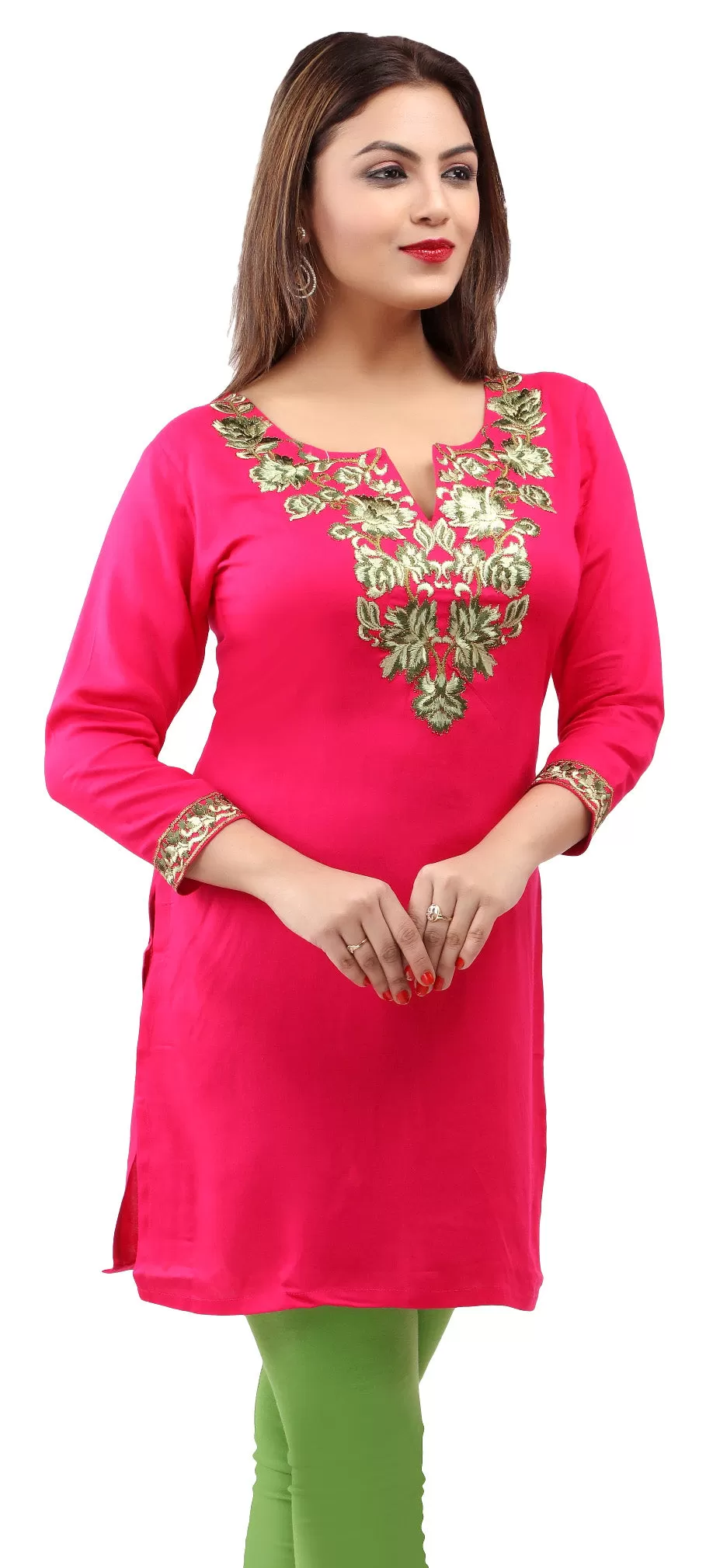 Maple Clothing Kurti Women's Blouse Embroidered Indian Clothing (Pink)