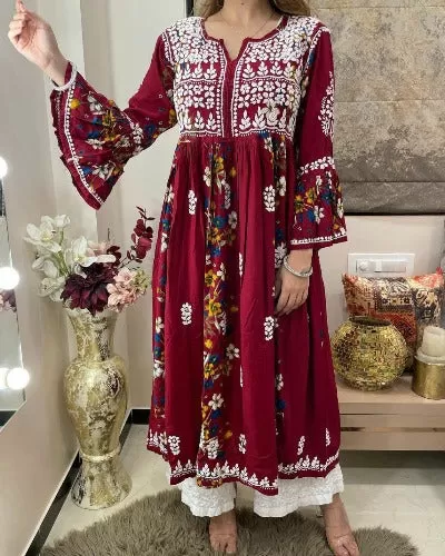 Maroon Soft Cotton Embroidered Bell Sleeves Kurti with Pant