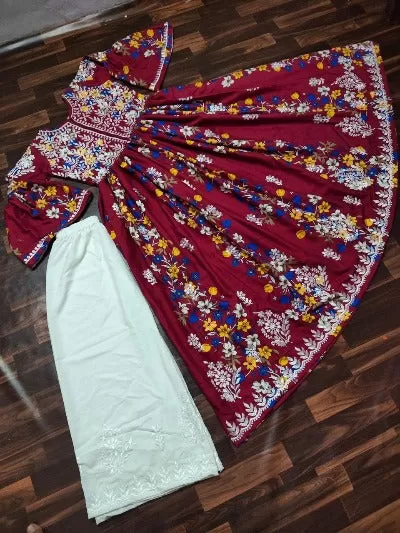 Maroon Soft Cotton Embroidered Bell Sleeves Kurti with Pant