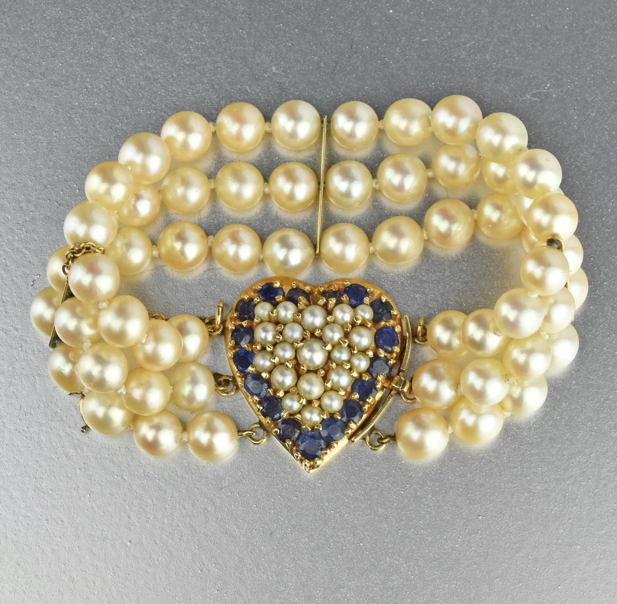 Mid Century Gold Heart, Sapphire & Pearl Bracelet