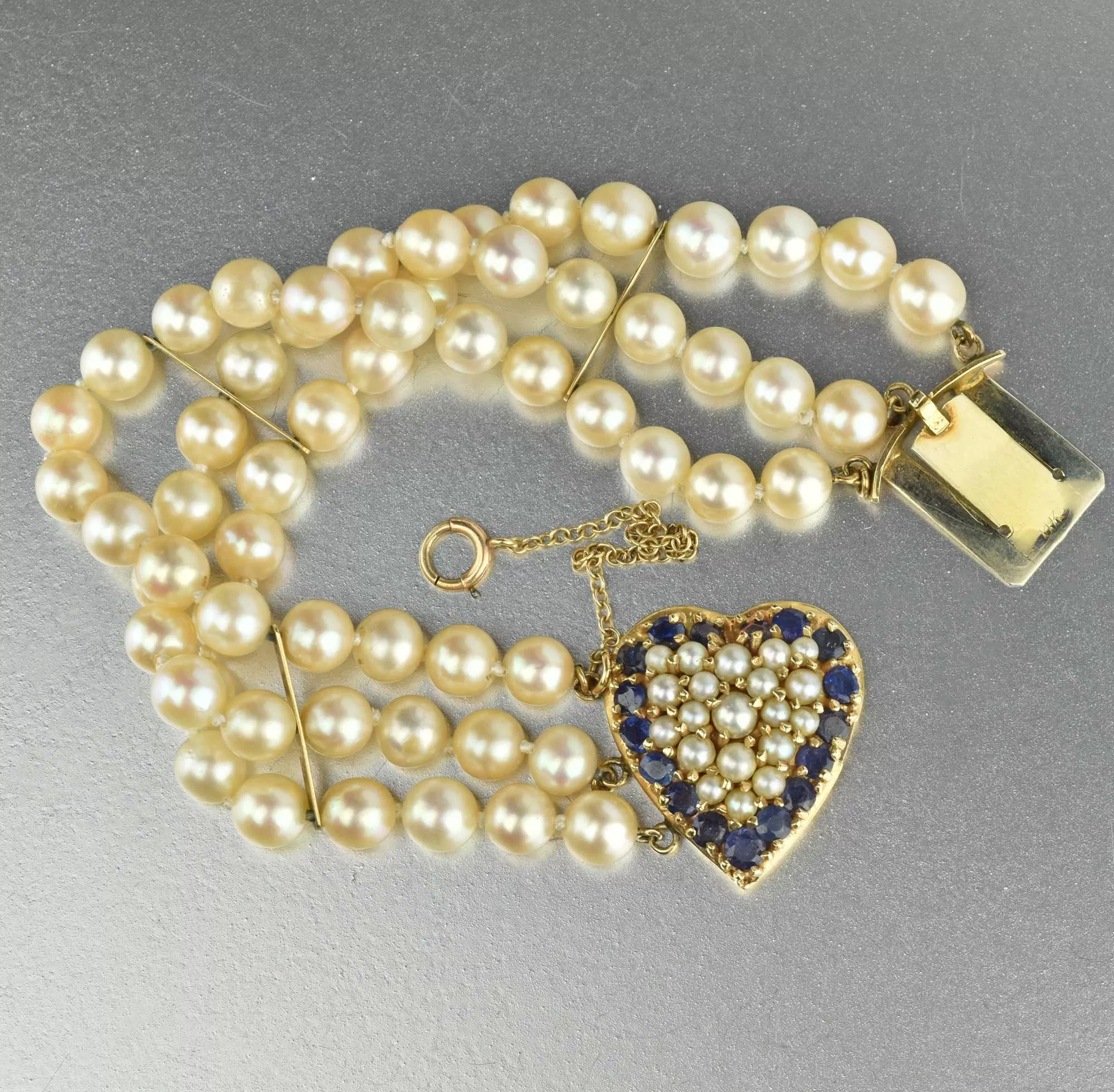 Mid Century Gold Heart, Sapphire & Pearl Bracelet