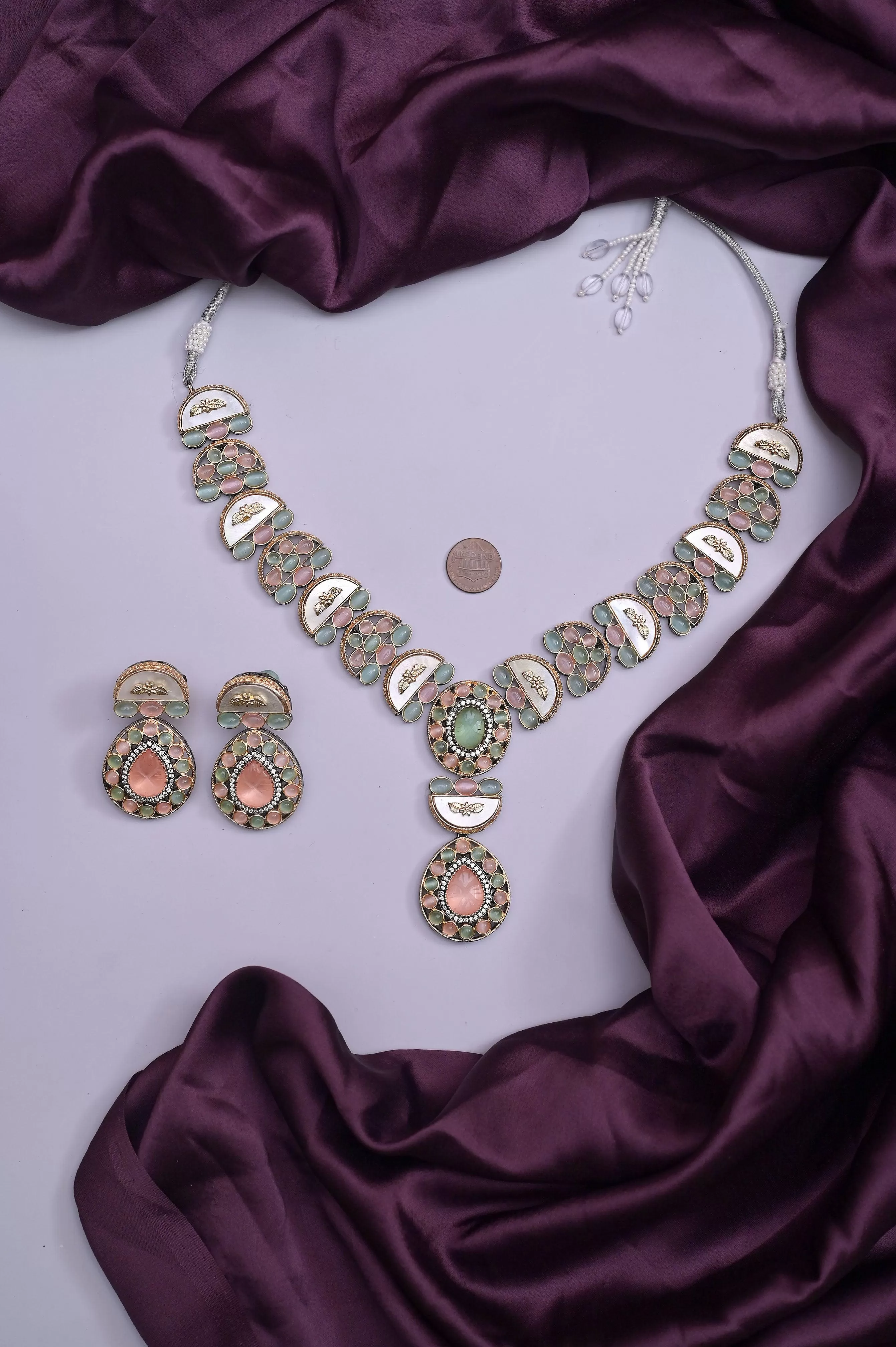 Multicolored Collar Necklace Set with Monalisa Stone Work