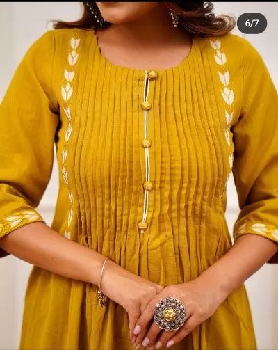 Mustard Yellow Designer Embroidery Kurti Pant Set