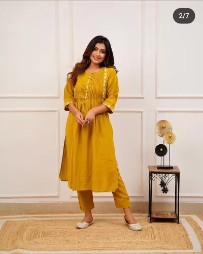 Mustard Yellow Designer Embroidery Kurti Pant Set