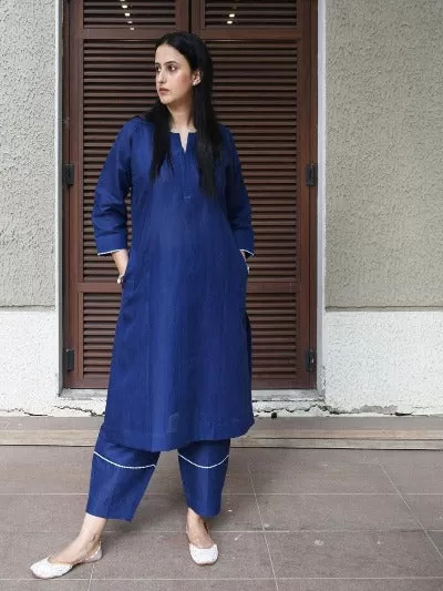 Navy Blue Solid Cotton Kurti Pant Set